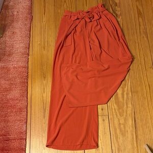 High-Waist Paperbag Tie Waist Wide Leg Pants - Burnt Orange